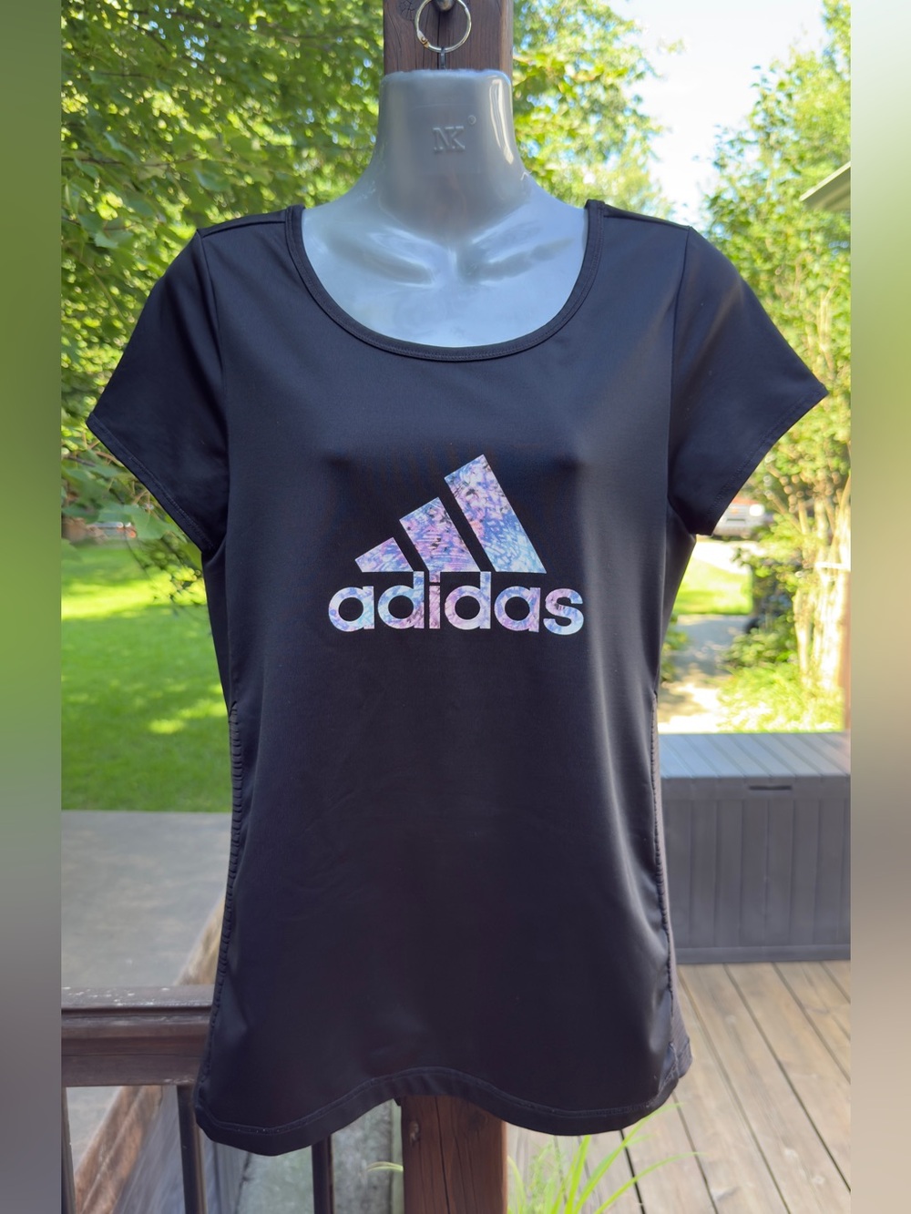 Adidas Climalite Black Athletic T-Shirt XL Floral Logo Short Sleeve Workout Top - Picture 3 of 11